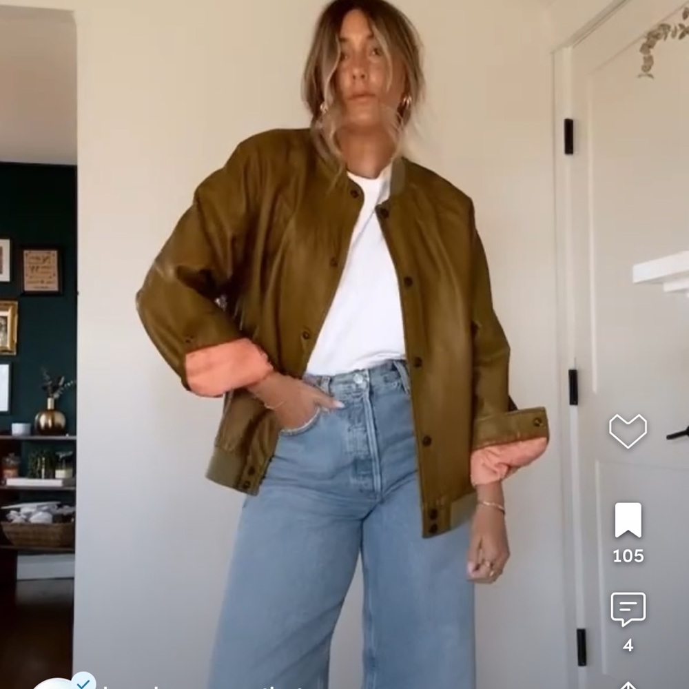We the free vegan leather olive bomber Jacket with Peach Lining
